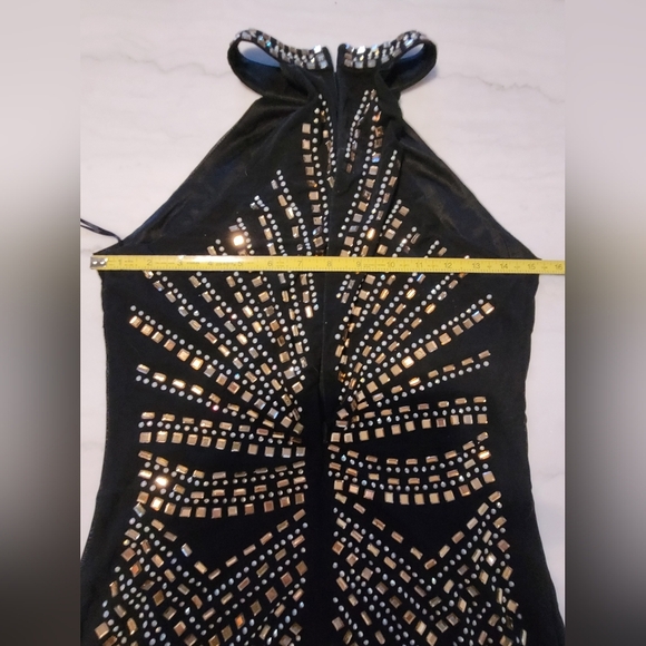 Paradiso Black and Gold Rhinestone Gem Embellished Mini Halter Dress Size Large - Picture 13 of 15